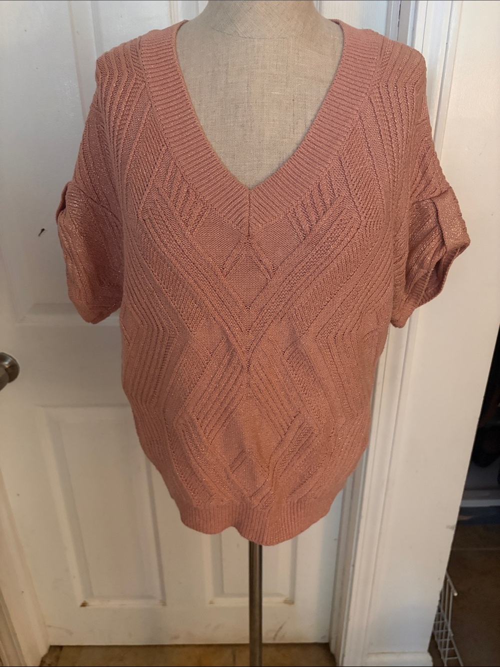 Chico's Rose-Pink V-Neck Cable Knit Sweater